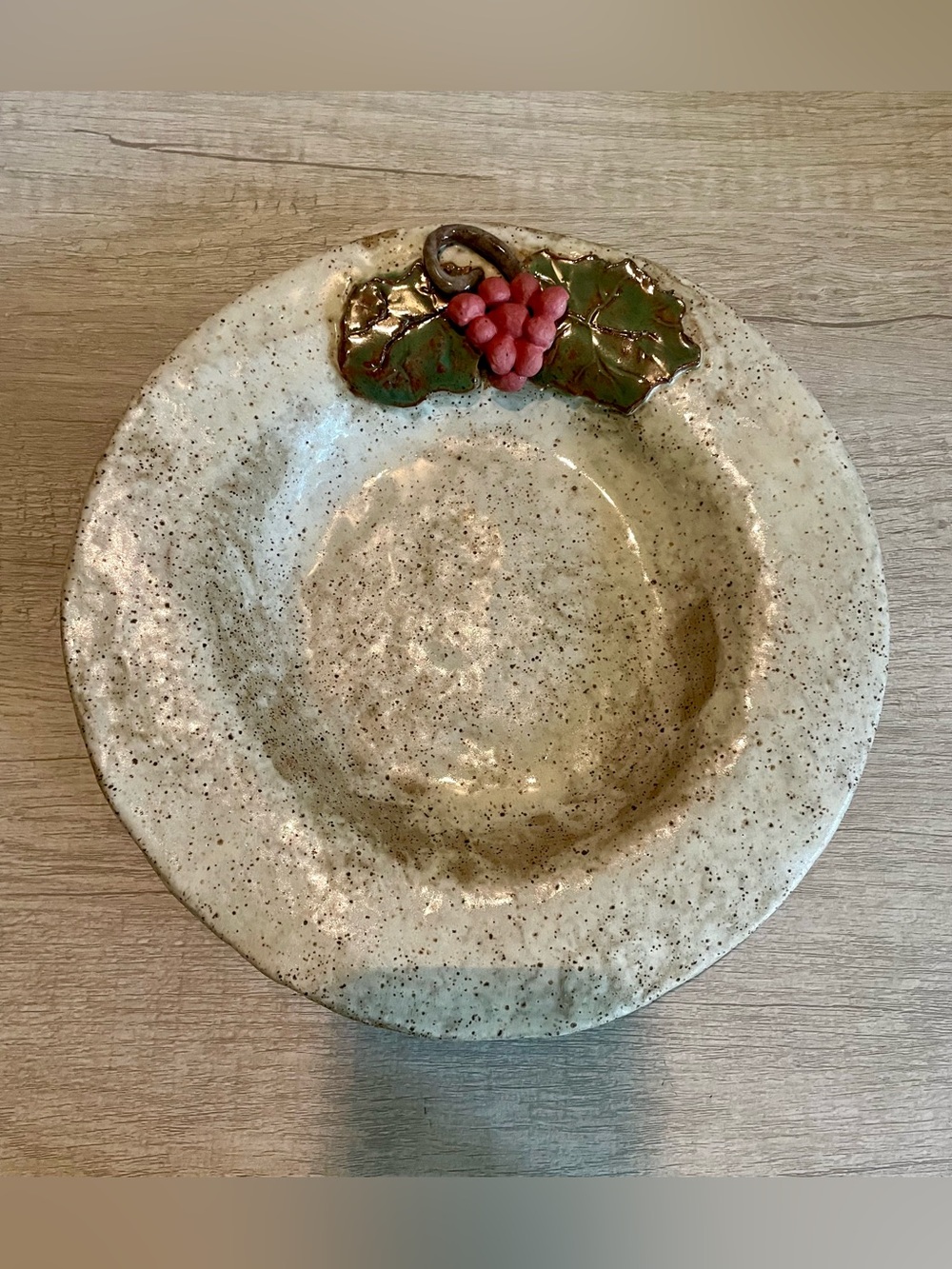 Vintage Speckled Ceramic Bowl with Grape Leaf Accent
